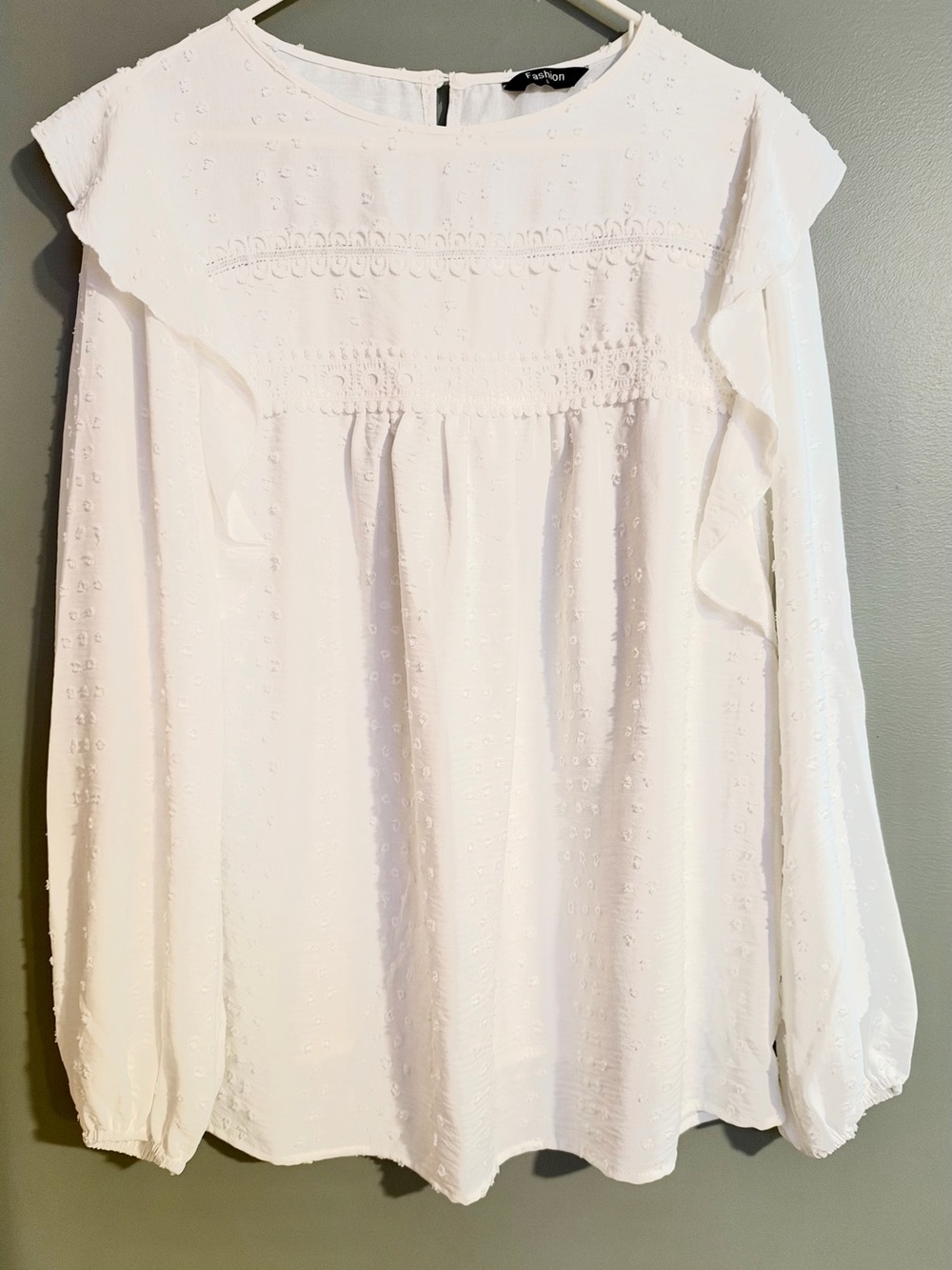 Women’s White Swiss Dot Ruffle Blouse